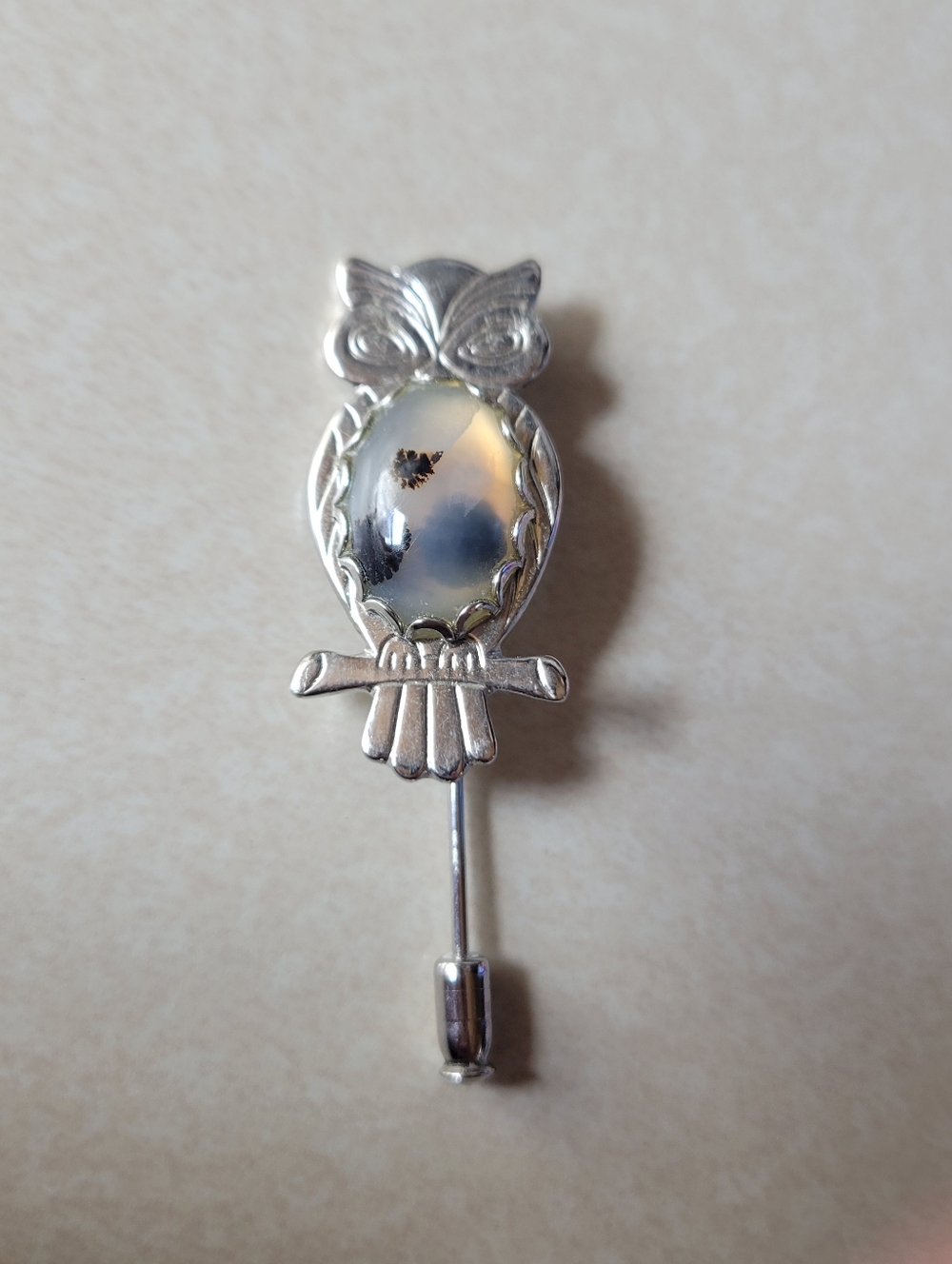 Silver Owl Stick Pin with Iridescent Cabochon
